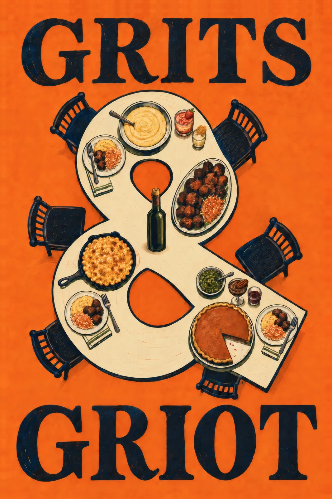 GRITS & GRIOT cover: an ampersand-shaped dinner table set with Southern and Caribbean dishes against orange paint