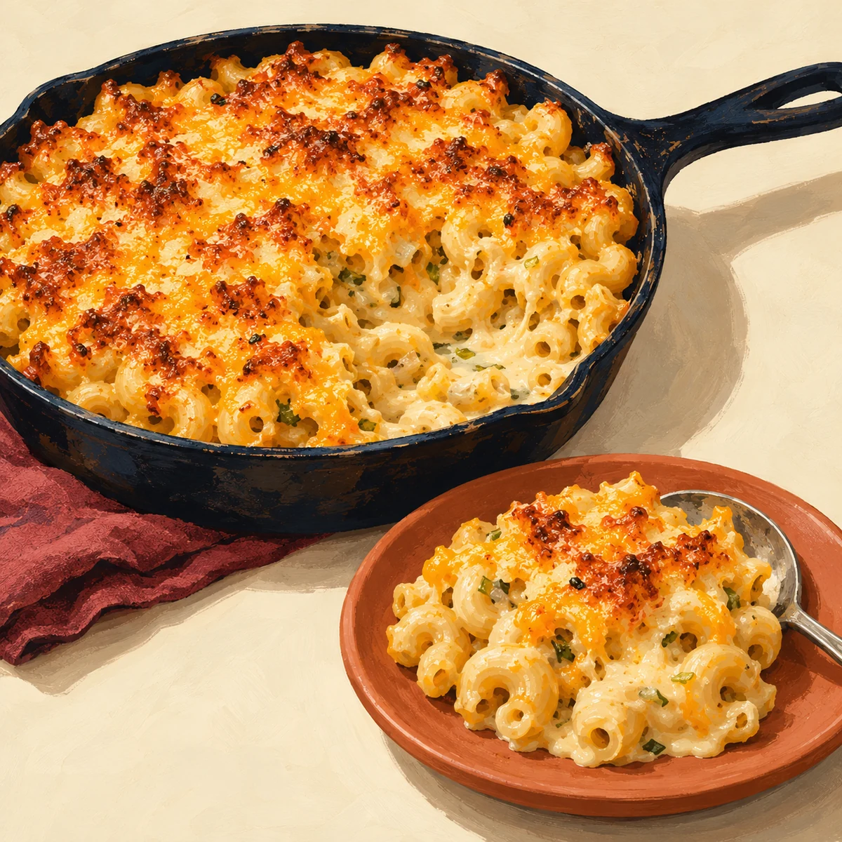 Editorial gouache painting of baked skillet macaroni and cheese