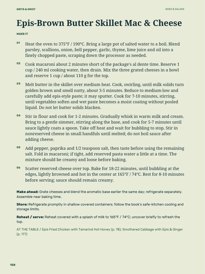 Actual book page 158: skillet mac recipe