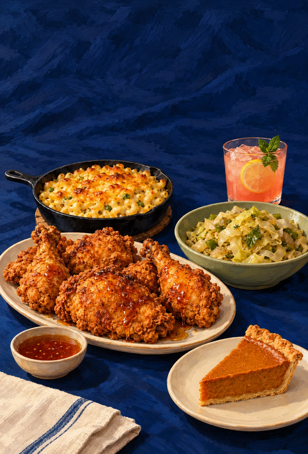 Sunday Supper painting: fried chicken, skillet mac, cabbage, sweet potato pie and lemonade
